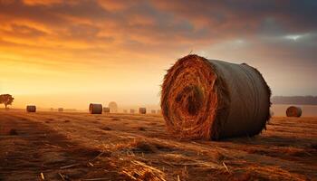 AI generated Rural scene meadow, farm, haystack, wheat, sunset, landscape, nature generated by AI photo