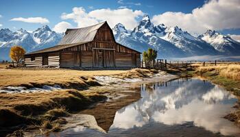 AI generated Majestic mountain range, tranquil hut, rustic log cabin, serene nature generated by AI photo