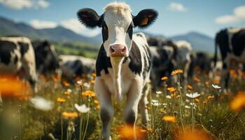 AI generated Cute cow standing in green meadow, enjoying fresh summer grass generated by AI photo