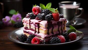 AI generated Homemade berry cheesecake on wood table, fresh and indulgent generated by AI photo