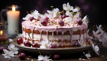 AI generated Homemade chocolate cheesecake with fresh strawberry decoration on wooden table generated by AI photo