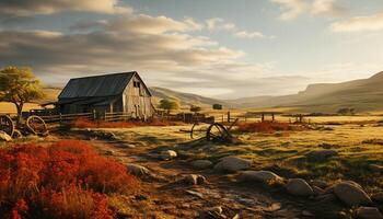 AI generated Tranquil sunset over old farm, mountains, and rustic barn generated by AI photo