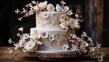 AI generated Sweet dessert, chocolate wedding cake, celebration of love and indulgence generated by AI photo