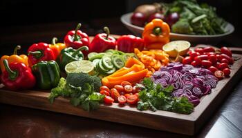 ai generado fresco, sano ensalada con orgánico vegetales en de madera corte tablero generado por ai foto