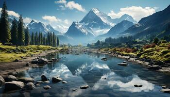 ai generado majestuoso montaña pico refleja en tranquilo agua, naturaleza belleza generado por ai foto