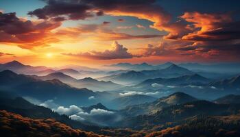 ai generado majestuoso montaña cima, naturaleza belleza en panorámico puesta de sol paisaje generado por ai foto