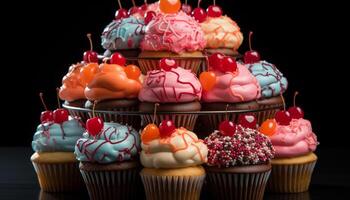 AI generated A delicious assortment of homemade cupcakes in various flavors and colors generated by AI photo