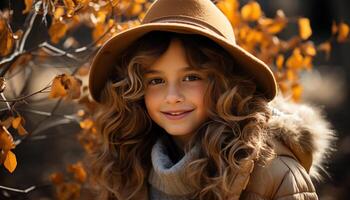 ai generado sonriente niña disfruta otoño al aire libre, rodeado por naturaleza belleza generado por ai foto