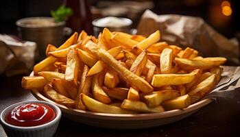 AI generated Freshly fried French fries, a crunchy gourmet meal on a plate generated by AI photo