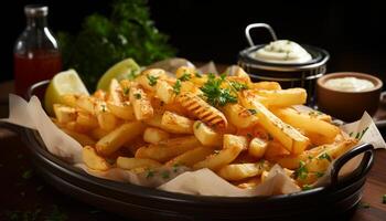 ai generado recién preparado gastrónomo comida A la parrilla carne, frito papas, sano vegetales generado por ai foto