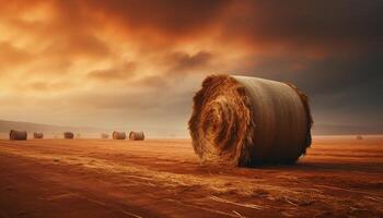 AI generated Golden haystacks dot the meadow, a rural autumn landscape generated by AI photo