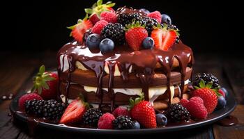 ai generado hecho en casa gastrónomo postre Fresco baya rebanada en de madera plato generado por ai foto