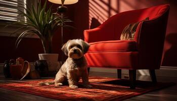 AI generated Cute puppy sitting on sofa, looking at camera with elegance generated by AI photo