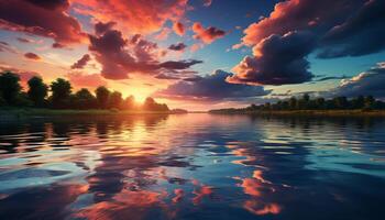 AI generated Tranquil sunset reflects vibrant sky, nature beauty in tranquil water generated by AI photo