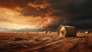 AI generated Agriculture beauty in nature yellow meadow, rolled up haystacks generated by AI photo