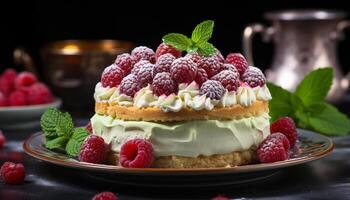 AI generated Homemade berry dessert on wooden table, a sweet indulgence generated by AI photo