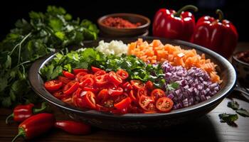 AI generated Fresh, healthy salad with organic vegetables on wooden table generated by AI photo