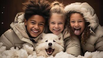 AI generated Smiling child, cheerful happiness, cute girls, winter friendship outdoors generated by AI photo