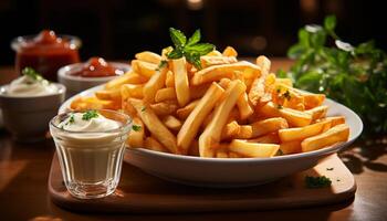 AI generated Freshness on plate gourmet fries, grilled meat, crunchy appetizer generated by AI photo