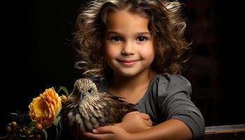 ai generado linda niña sonriente, participación un pequeño pájaro, radiante felicidad generado por ai foto