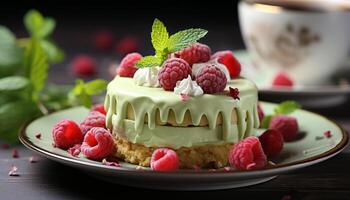 AI generated Freshly baked raspberry cheesecake with chocolate and whipped cream decoration generated by AI photo