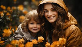 ai generado sonriente madre y hija abarcar, disfrutando otoño bosque juntos generado por ai foto