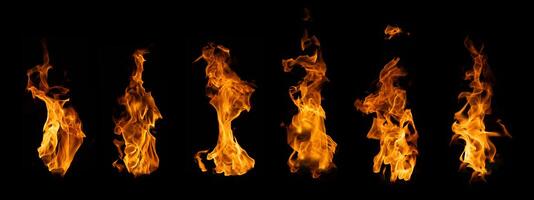 The set of fire and burning flame isolated on dark background for graphic design photo