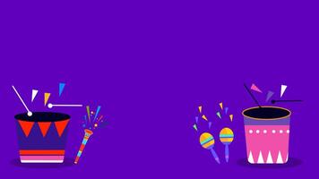 brasilianisch Karneval Aufnahmen Party Feier Intro Animation, mit Feder Masken, Trommelstöcke und Party Dekorationen. zum das Rio de Janeiro Karneval Feierlichkeiten video