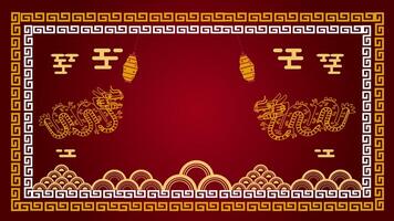 Happy chinese new year background animation with red lanterns, chinese ornaments and moving dragons looping 4k video