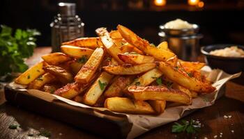 AI generated Freshly prepared potato meal, fried to perfection, served on rustic table generated by AI photo