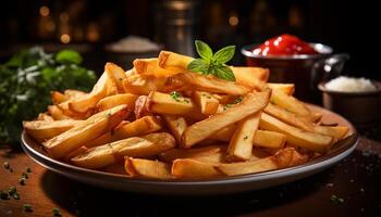 AI generated Freshly prepared gourmet meal fried French fries on wooden plate generated by AI photo