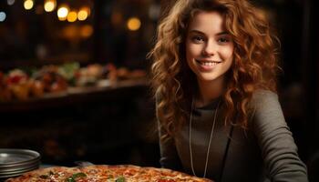 ai generado sonriente mujer disfrutando pizza, mirando a cámara en hogar cocina generado por ai foto