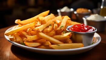 AI generated Freshly fried French fries served on a wooden table with ketchup generated by AI photo