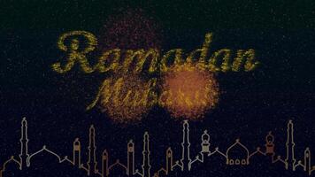 gold Ramadan Kareem text animation with splash glow sparkles and white gold frames for photos. Ramadan theme footage with particle effects 4k resolution video