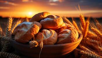 AI generated Freshly baked bread, nature harvest, rustic and healthy eating generated by AI photo