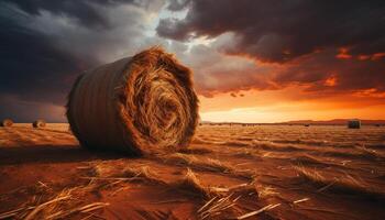 ai generado puesta de sol terminado un rural granja, dorado trigo fardos en el prado generado por ai foto