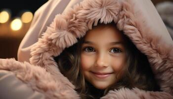 ai generado sonriente niño, linda retrato, alegre chica, calentar invierno ropa generado por ai foto