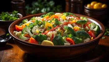 ai generado frescura y sano comiendo en un vegetariano gastrónomo ensalada generado por ai foto