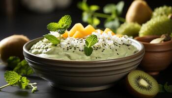 AI generated Fresh fruit salad with mint leaf, yogurt, and whipped cream generated by AI photo