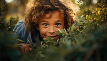 AI generated Smiling boys hiding in nature, enjoying playful summer activities generated by AI photo