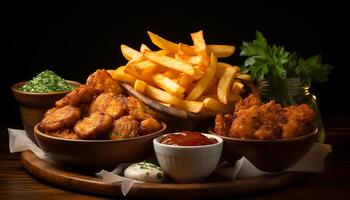 ai generado A la parrilla carne, papas fritas, y ensalada en rústico de madera mesa generado por ai foto