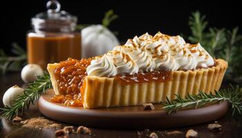 AI generated Homemade gourmet dessert fresh baked pumpkin slice on rustic wood generated by AI photo