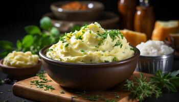 AI generated Freshly cooked mashed potatoes with butter and parsley on wooden table generated by AI photo