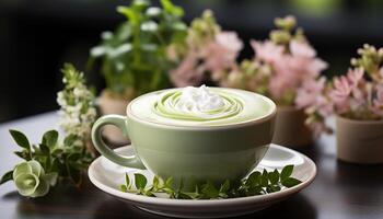 AI generated Fresh coffee, green leaf, sweet aroma, refreshing drink, nature bouquet generated by AI photo