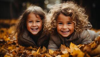 AI generated Smiling child, cheerful girls, playful boys, enjoying autumn nature generated by AI photo