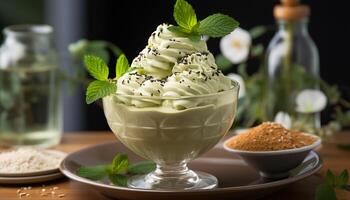 AI generated Refreshing homemade mint leaf ice cream on wooden table generated by AI photo