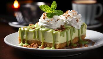 AI generated Freshly baked chocolate cake with whipped cream and mint leaf generated by AI photo