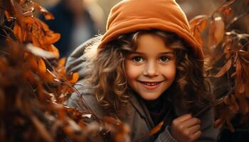 AI generated Smiling child in autumn forest, enjoying nature beauty generated by AI photo