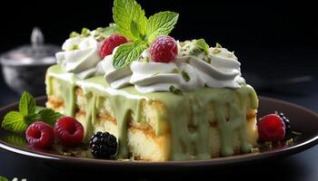 ai generado hecho en casa gastrónomo postre Fresco baya tarta de queso con menta hoja generado por ai foto