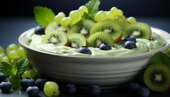AI generated Fresh fruit bowl blueberry, kiwi, grape, raspberry, strawberry, mint leaf generated by AI photo